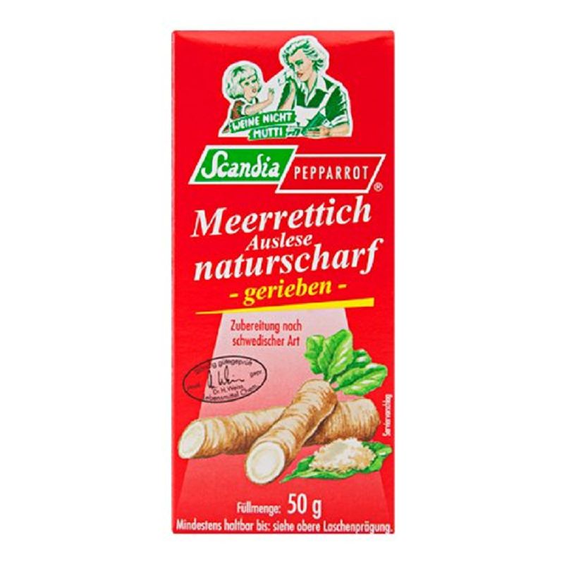 Scandia - Meerrettich naturscharf "Mutti weine nicht", 12 x 50 g Pack im Schaukarton Scandia - Meerrettich naturscharf "Mutti weine nicht", 12 x 50 g Pack im Schaukarton
